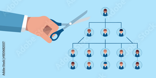 Hand holding scissors cutting an organizational chart