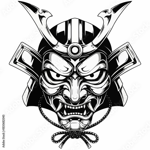 Monochrome illustration of a fierce Japanese samurai warrior mask.