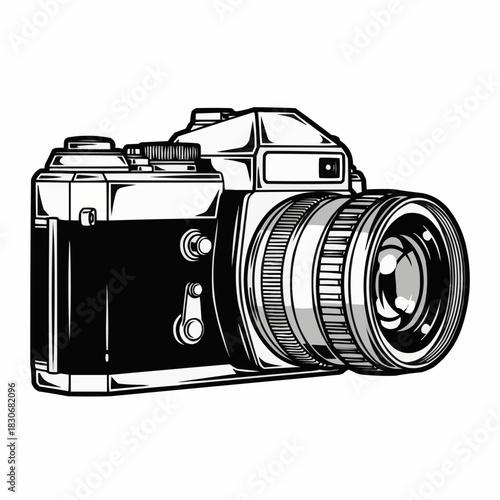 Vintage analog film camera in a monochrome sketch style.