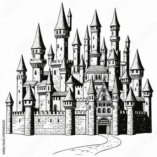 Magnificent castle illustration with towers and detailed architecture.