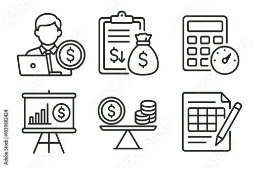 Financial planning icons set for business and investment concepts