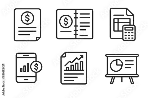 Finance and business icons: budget, reports, calculator, mobile analytics