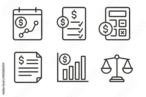 Financial management icons: calendar, checklist, calculator, document, chart, scale