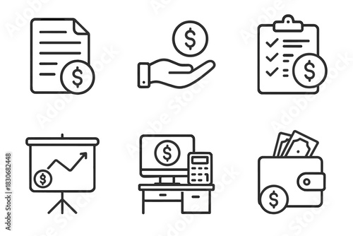 Financial icons set: invoice, hand, checklist, presentation, desktop, wallet