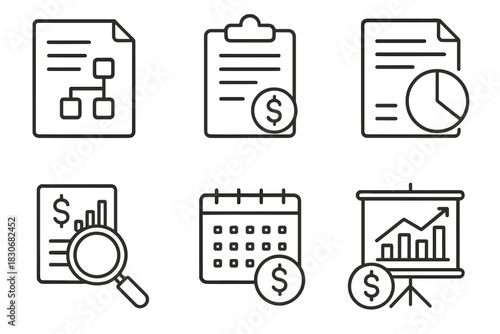Financial analysis icons including charts, graphs, and calendars