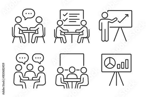 Business meeting icons set illustrating conversations, presentations, and team discussions