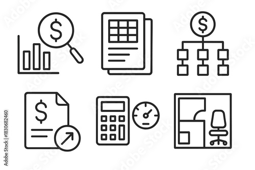 Finance and office icons: chart, document, calculator, desk setup
