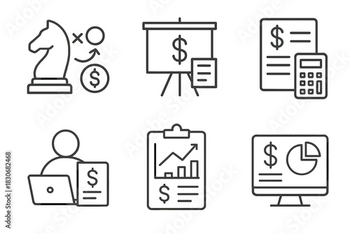 Finance and strategy icons: chess, charts, calculator, and statistical analysis