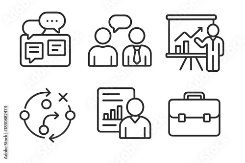 Business communication and strategy icons: charts, conversations, and planning