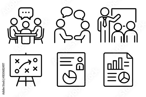 Business meeting and presentation icons illustrating teamwork and strategy