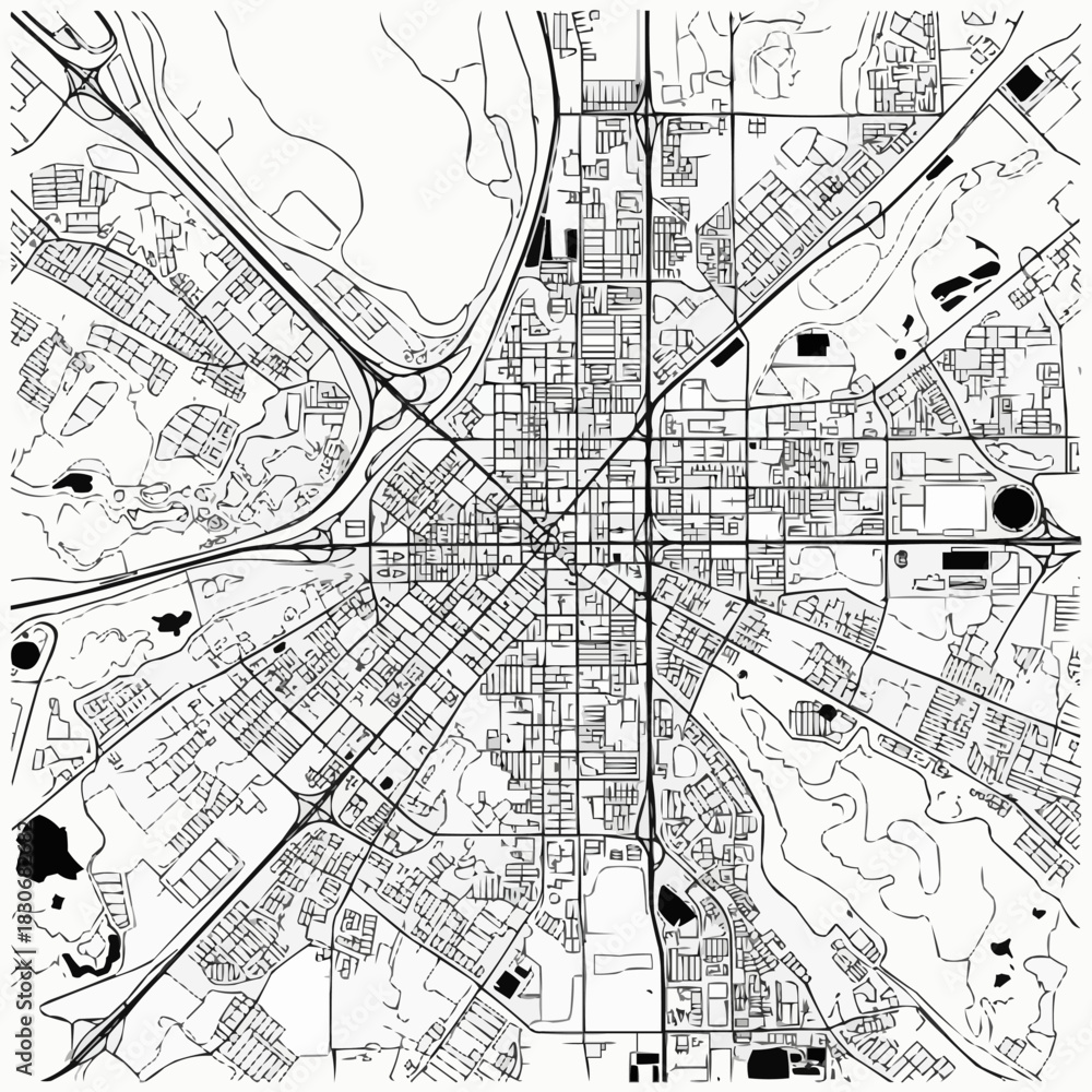 Fototapeta premium Minimalist black and white city map illustration with roads.