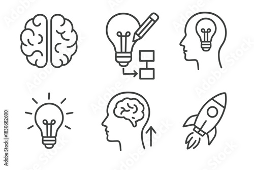 Creative process icons: brain, lightbulb, human head, rocket