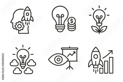 Innovative icons: rocket, lightbulb, growth, analytics, vision, eco-friendly