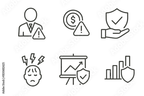 Risk management icons: warning signs, security, analytics, financial alerts, stress indicators