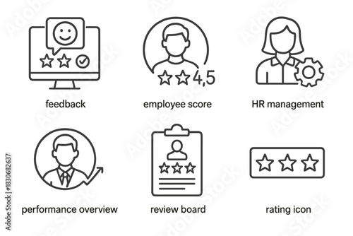 Employee performance icons: feedback, score, hr management, performance, rating