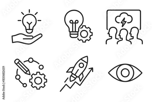 Innovation concepts: lightbulb ideas, teamwork, and visionary icons set
