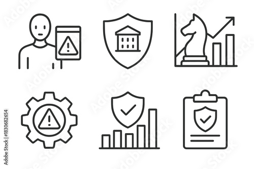 Set of minimalist business and security icons with graph, shield, chess, and alerts