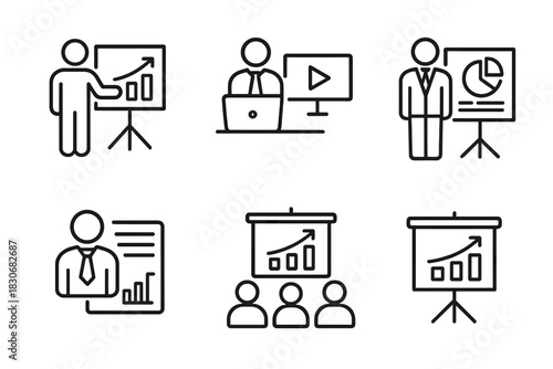 Business presentation and training icons: charts, graphs, and meetings