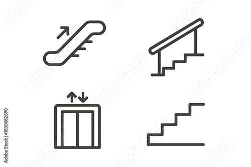 Minimalist icons of escalator, handrail, elevator, and stairs in black and white