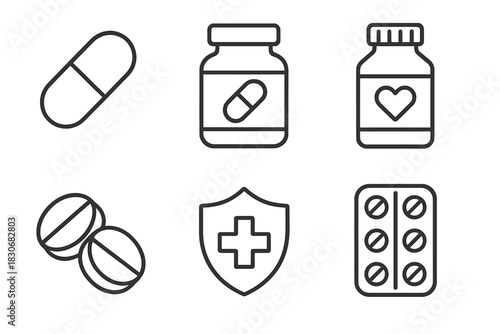Line icons of pills and medicine bottles with heart and cross symbol