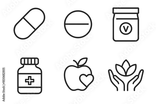 Health supplements and wellness icons: capsules, tablets, jars, and natural remedies