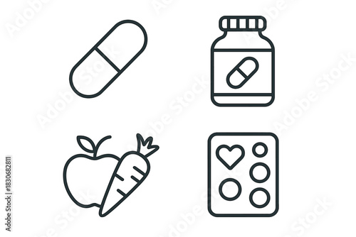 Health icons: medicine capsule, supplement bottle, apple, carrot, nutrition guide
