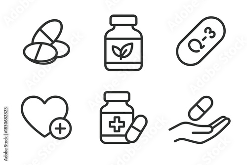 Outline icons of supplements and vitamins representing health and wellness