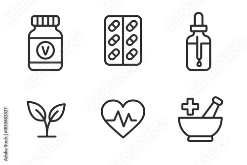 Health supplement icons: vitamins, pills, heart, and nature symbols
