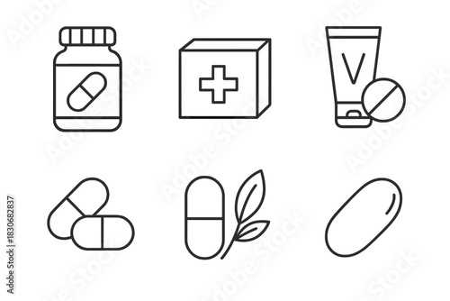 Minimalist icons of medicine: pills, bottle, box, tube, leaf, capsule