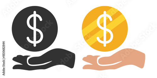 Business and finance icons. Salary icons. Hand and coin. Vector flat icon isolated on white background.
