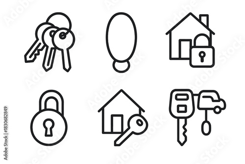 Set of security icons: keys, lock, exclamation, house with lock, padlock, car keys