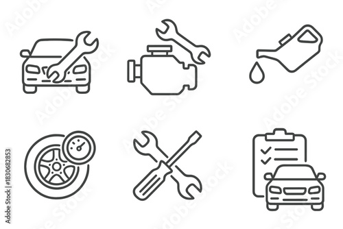 Set of car maintenance icons: tools, engine, oil, tire, checklist