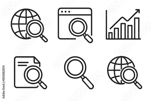 Global internet search and analytics icons with magnifying glass and graphs