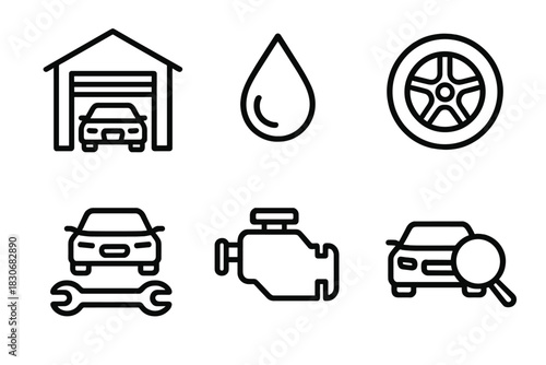 Set of car maintenance icons: repair, oil, inspection, engine, garage, tire