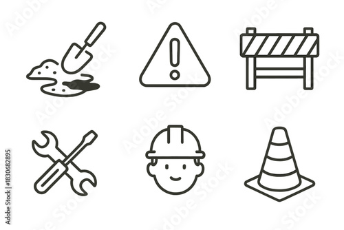 Construction and safety icons featuring tools and warning symbols