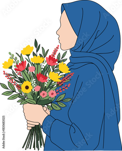 A faceless illustration of a woman in a blue hijab holding a vibrant bouquet of colorful flowers.