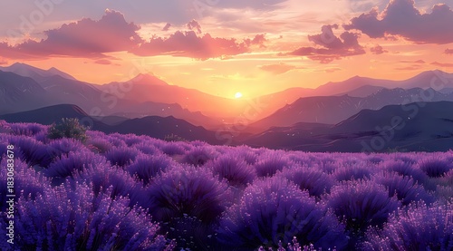 Vibrant lavender field at sunset with purple flowers stretching toward mountain silhouettes under dramatic orange and pink sky.