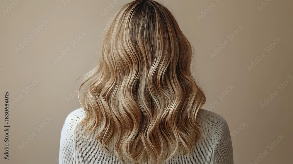 Fototapeta premium Back view of woman with blonde wavy hair, showing professional balayage highlights against neutral beige background, styled in loose beach waves.