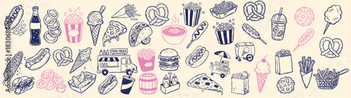 Hand drawn vector collection of fast food items including burgers, hot dogs, popcorn, and cotton candy in a whimsical kids doodle style perfect for menu designs and food themed decorations