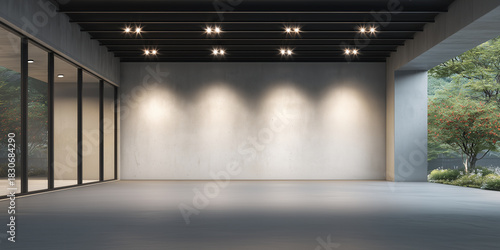 Modern empty exhibition hall featuring clean concrete floor and soft ceiling lighting. Sleek minimalist architectural space offers open, versatile area ideal for product display, automotive showcase.