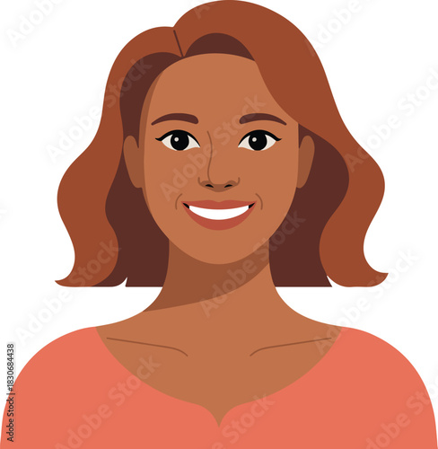 Smiling woman vector portrait with reddish-brown hair and coral top representing a friendly person.