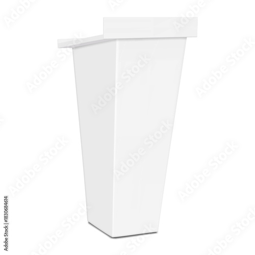 Speaker podium. White rostrum. Realistic 3d vector mock-up. Inclined tabletop blank table. Mockup. Slanted counter portable lectern stand. Template for design