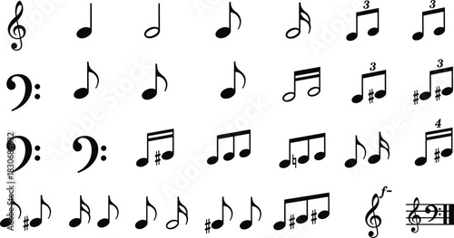 Musical notes set, black notation symbols collection, treble and bass clef, melody composition design elements, isolated on white, cad drawing flat vector illustration