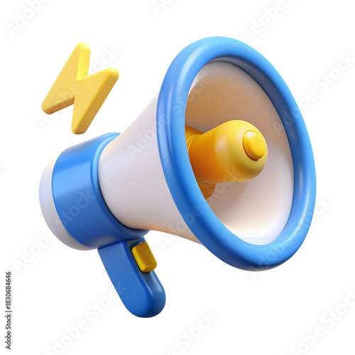 3d rendered megaphone with lightning bolt icon: announcement, promotion, communication, marketing, loudspeaker, attention, alert (144 chars)