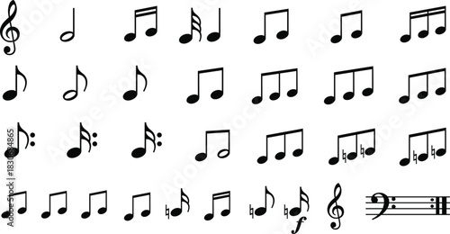 Musical notes set, black notation symbols, treble and bass clef, sheet music melody elements, composition design, isolated on white, cad drawing flat vector illustration