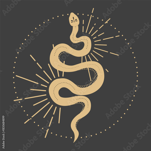 Kundalini snake with circle and rays. Golden spiritual occultism symbol on dark background. Tattoo or tarrot sacred esoteric element
