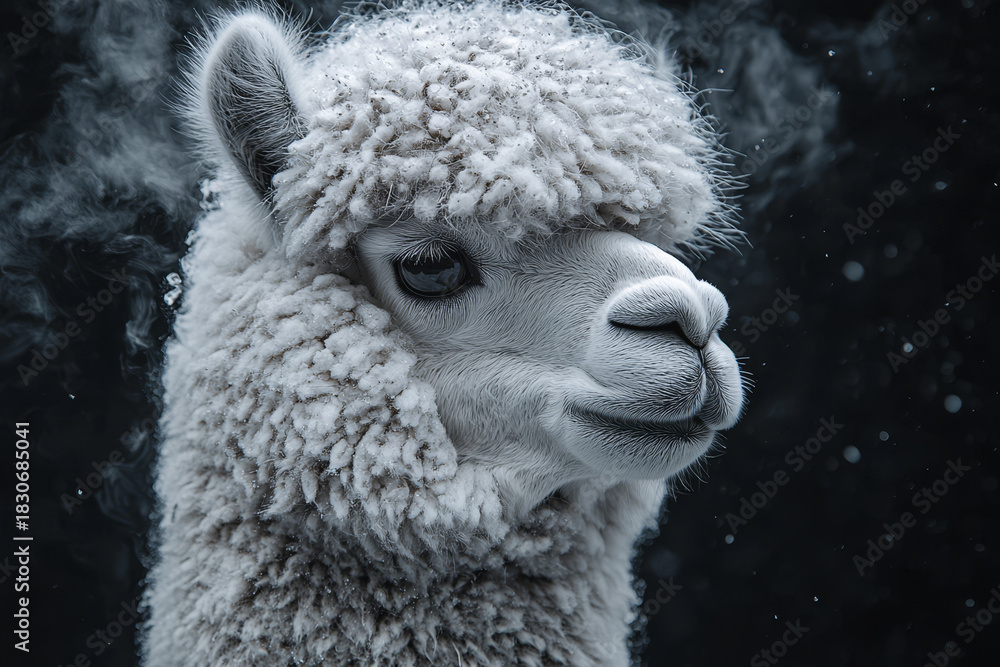 Obraz premium Close-up portrait of a fluffy white alpaca with a dark moody background and atmospheric mist.