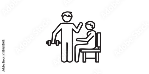 Human with small dumbbell and chair thin line icon, body building concept. Vector graphics. Athlete man on bench, training sign on white background, style icon mobile or web design.