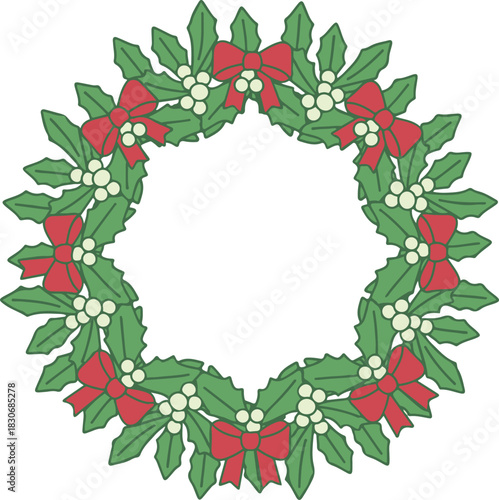 A festive Christmas wreath illustration composed of green holly leaves and clusters of white berries, decorated with multiple red ribbon bows forming a circular frame.