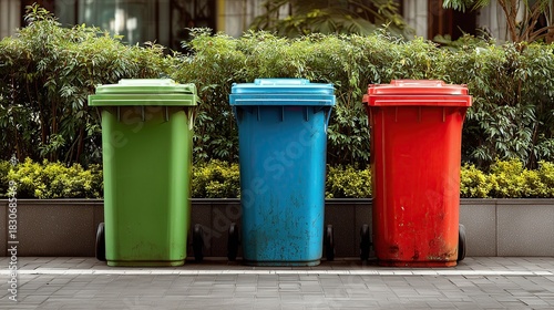 Three trash bins in green, blue, and red colors placed on a sidewalk next to lush green bushes. The scene emphasizes waste management and recycling.